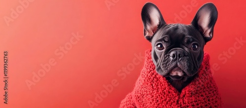 Adorable French Bulldog in vibrant red sweater against a bright red background, perfect for Valentine's Day themed design with space for text. photo