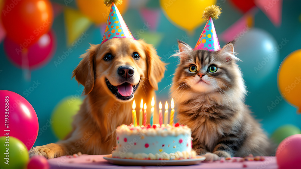 Joyful Birthday Celebration with Dog and Cat: Concept of Friendship, Happiness, and Festive Togetherness in a Vibrant Party Setting. Joyful Birthday Celebration with Dog and Cat: Concept of Friendship, Happiness, and Festive Togetherness in a Vibrant Party Setting.