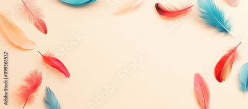 Vibrant Feathers in Soft Pastel Hues of Pink Blue and Red Gracefully Floating on Light Beige Background with Generous Copyspace for Text photo