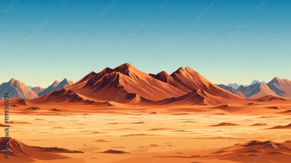 Naklejka premium Desert landscape featuring distant reddish mountains under a clear blue sky with vast empty sandy foreground for text placement