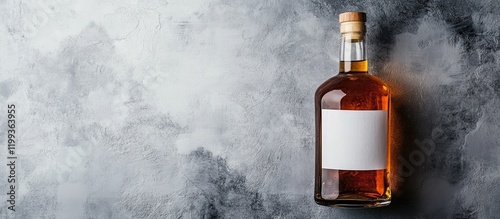 Whiskey bottle with wooden cork on textured gray marble surface with empty white label for personalized Father's Day gift text promotion photo