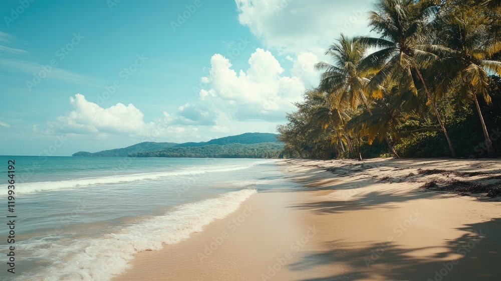 Tropical beach landscape with palm trees, turquoise water, and clear blue sky under fluffy clouds in a serene coastal setting. Tropical beach landscape with palm trees, turquoise water, and clear blue sky under fluffy clouds in a serene coastal setting.