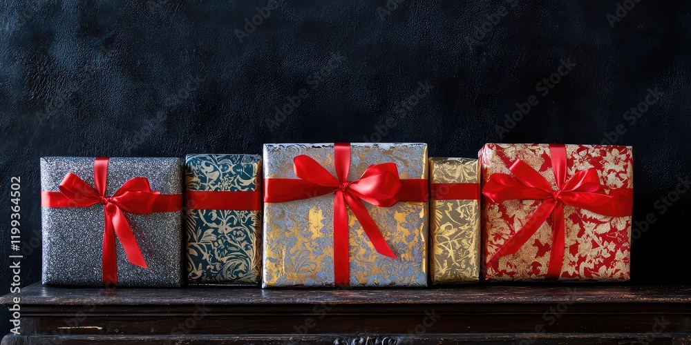 Fototapeta premium Stylish holiday presents with red bows on glittering gold and silver wrapping, dark background