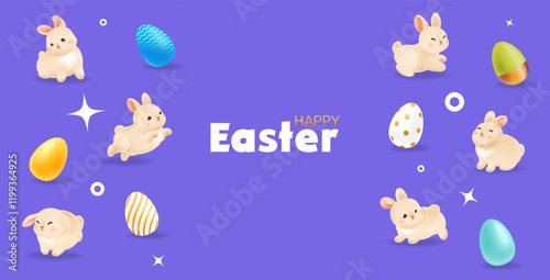 Happy Easter greeting poster with cute bunny and decorative eggs. Promotion and sale template on violet background for Easter Day. Vector illustration