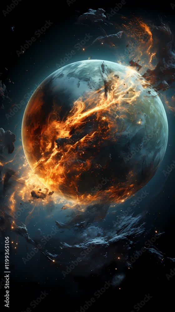 Obraz premium Digital blue and orange broken planet poster background