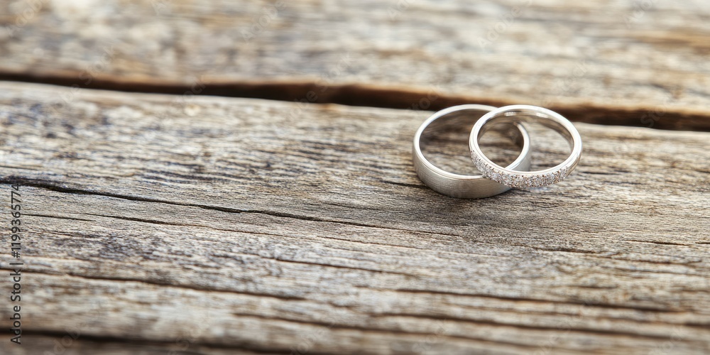 Elegant silver bridal rings placed on rustic wooden surface with soft focus, ideal for wedding announcements and invitations. Elegant silver bridal rings placed on rustic wooden surface with soft focus, ideal for wedding announcements and invitations.