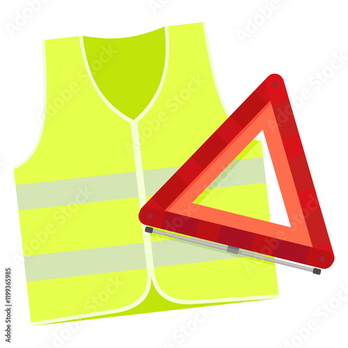 Yellow safety vest with reflective stripes and reflective red road warning folding triangle in flat design style (cut out)