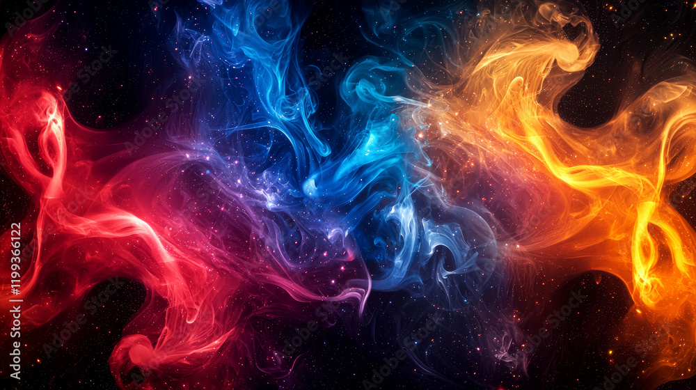 Fototapeta premium Cosmic Dreamscape: Abstract Smoke Art, Fiery Colors, Swirling Nebula, Mystical Fantasy