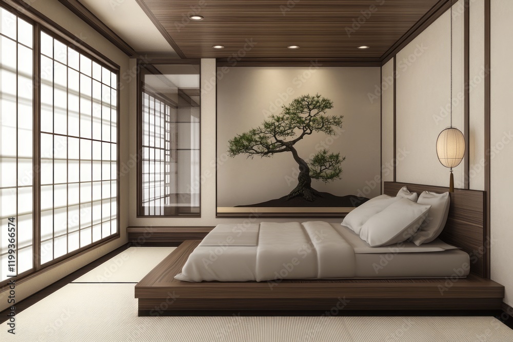 Fototapeta premium Serene Minimalist Japanese Style Bedroom Design