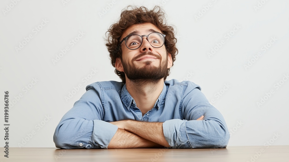 Obraz premium A man with glasses and a beard is sitting at a table with his arms crossed. He is looking up at something, possibly a book or a piece of paper. Concept of curiosity and contemplation