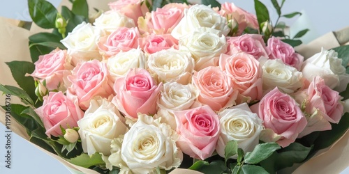 Delicate Arrangement of Pink and White Roses Featuring Lush Green Foliage with Soft Focus Background for Elegant Text Overlay