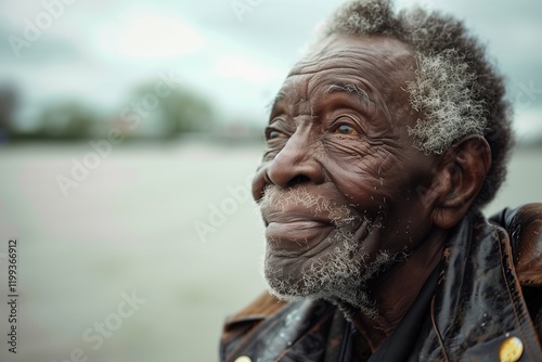 An elderly man looks thoughtfully into the distance, conveying wisdom and serenity in a serene outdoor setting.
