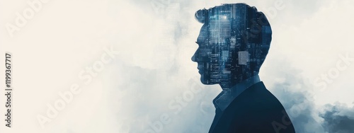 Business Silhouette with Blue Double Exposure Effect Overlaid on High-Tech Cityscape Background and Empty Copy Space for Text photo