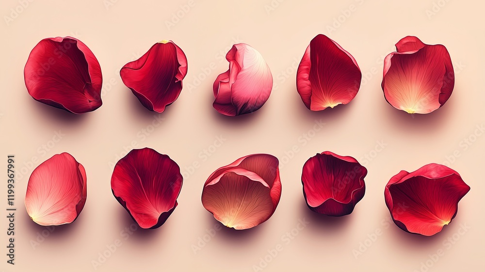 Fototapeta premium A close up of a dozen red rose petals. The petals are all different sizes and shapes, but they all have a similar color and texture. Concept of beauty and elegance
