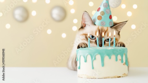 A playful cat affectionately sniffing a pastel-colored birthday cake with silver decorations and lit candles, set against a warm yellow background