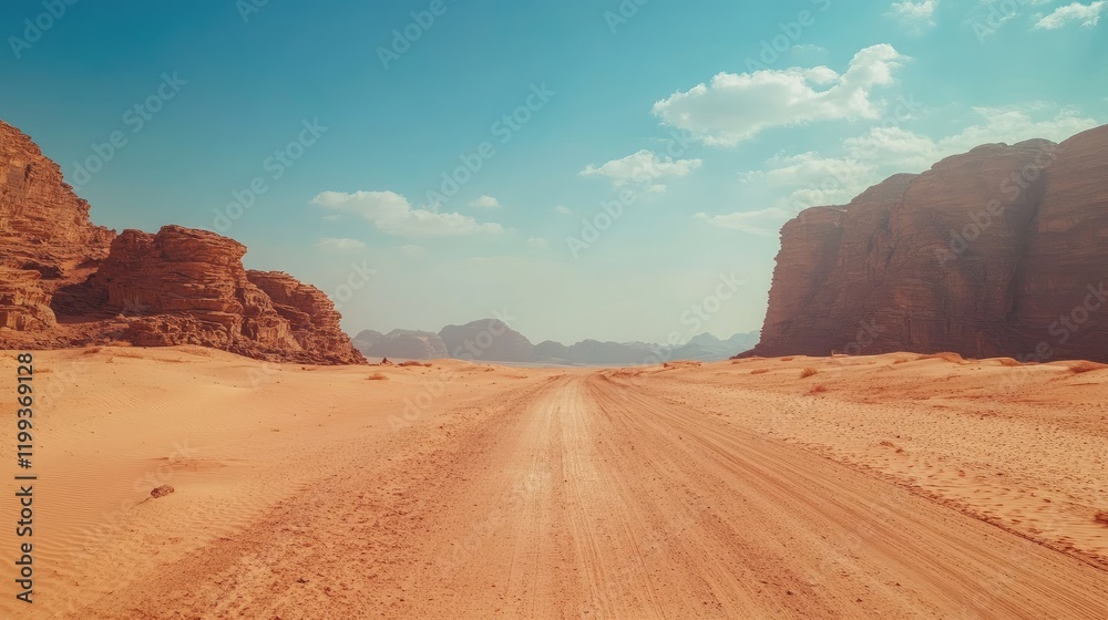 Desert roadway extending to horizon surrounded by sandy terrain and rocky cliffs Desert roadway extending to horizon surrounded by sandy terrain and rocky cliffs