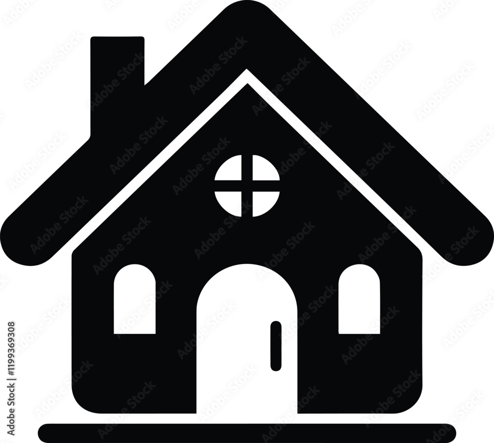 A black and white illustration of a home icon. It is a simple representation of a house with a triangular roof. There is a chimney on the roof and a door at the front. The house is surrounded by a cir A black and white illustration of a home icon. It is a simple representation of a house with a triangular roof. There is a chimney on the roof and a door at the front. The house is surrounded by a cir