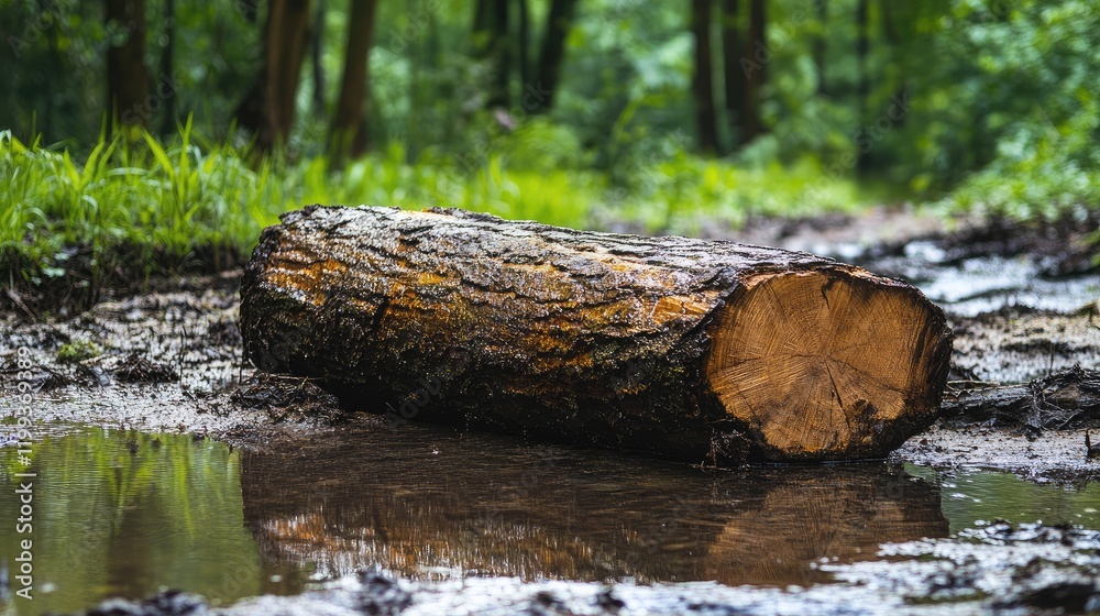 Fallen log surrounded by muddy water in lush tropical forest, displaying vibrant greens and rich browns, captured from a low angle. Fallen log surrounded by muddy water in lush tropical forest, displaying vibrant greens and rich browns, captured from a low angle.
