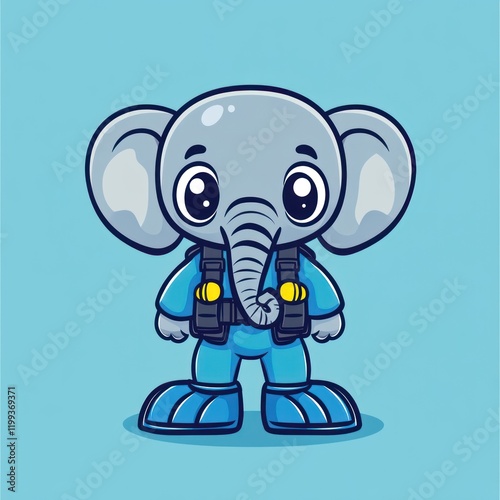 Cartoon elephant in blue diving suit stands with blue background, for educational use