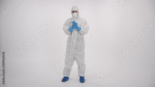 A scientist in PPE doing different things on a white background.