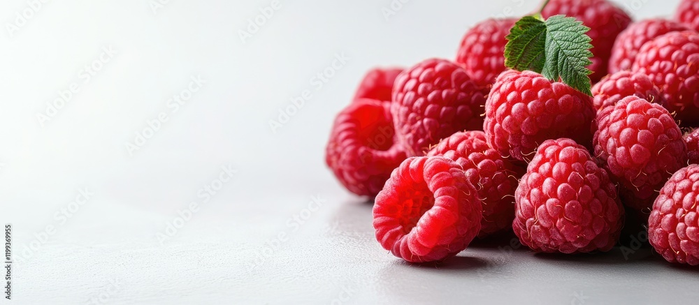 Fresh Red Raspberries Isolated on Light Grey Background with Green Leaf Accents and Ample Copy Space for Textual Content Fresh Red Raspberries Isolated on Light Grey Background with Green Leaf Accents and Ample Copy Space for Textual Content