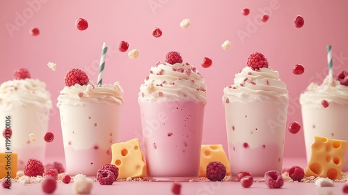 Cute cartoon group of three cups with whipped cream and raspberry topping delicious dessert treat photo