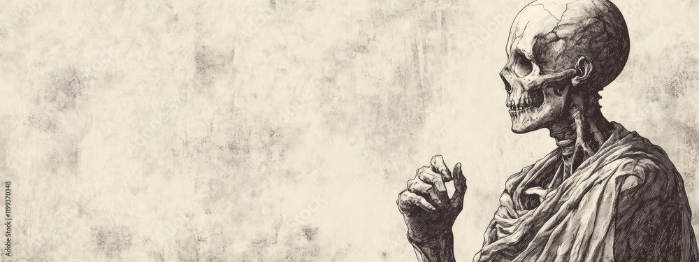 Fototapeta premium Digital engraving of a skeletal figure in profile with vintage texture background and blank space for text, monochrome tones, studio lighting.