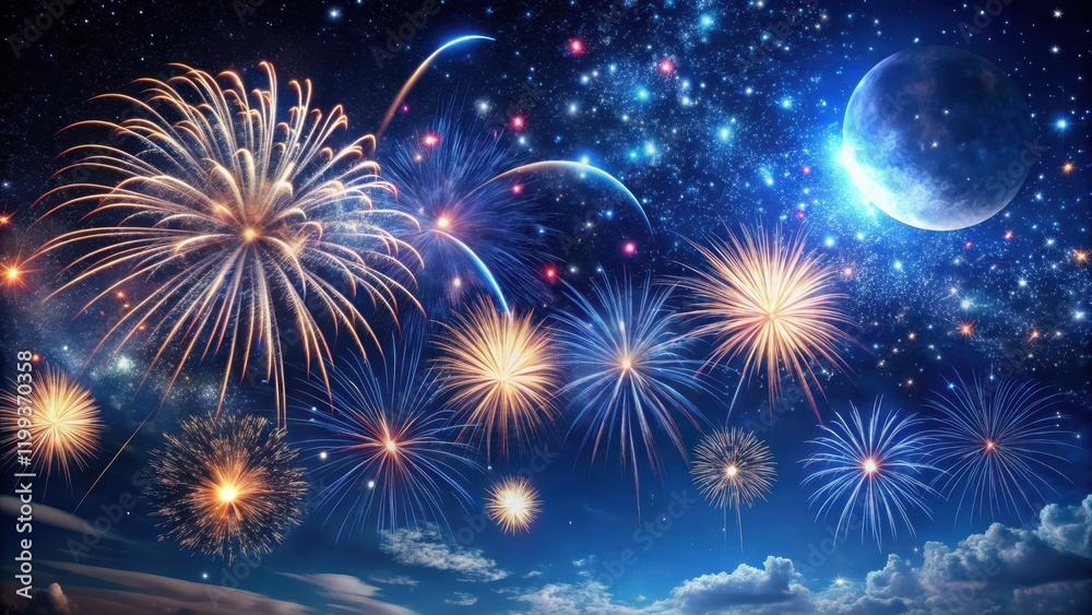 Panorama of fireworks exploding in a dark blue sky with stars and a crescent moon shining through , Crescent moon in sky, Feuerwerk panorama dunkelblau Panorama of fireworks exploding in a dark blue sky with stars and a crescent moon shining through , Crescent moon in sky, Feuerwerk panorama dunkelblau