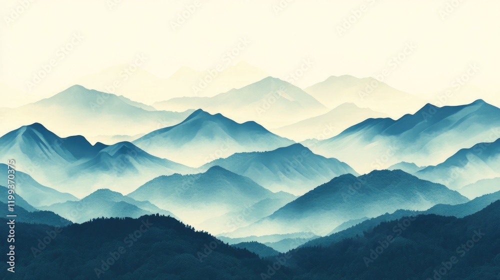 Dreamlike scene of majestic mountains, misty valleys, and a vast, solitary sky. Dreamlike scene of majestic mountains, misty valleys, and a vast, solitary sky.