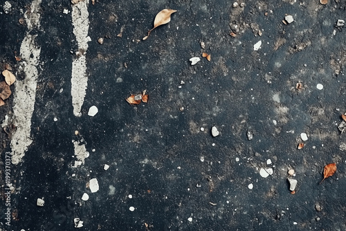 Brown leaves lies on a rough asphalt road photo