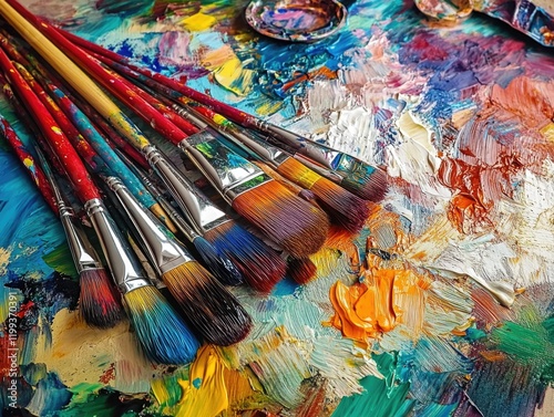 Brushes and paint on artist's palette.