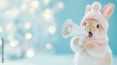 A fluffy rabbit wearing a knitted pink hat, holding a megaphone on a light blue backdrop. A whimsical and eye-catching image perfect for creative announcements