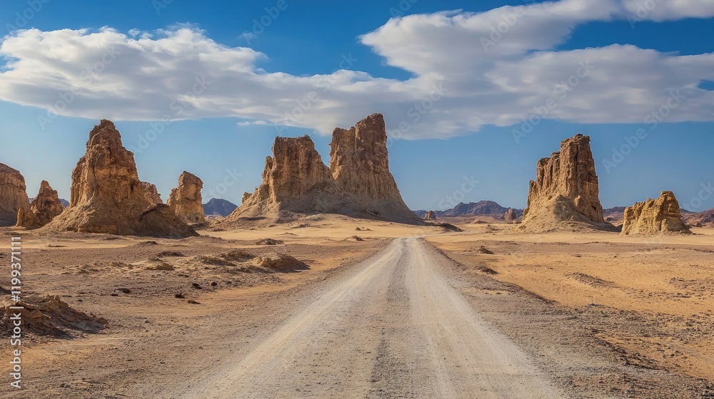 Deserted dusty road along barren terrain with rock formations under a blue sky Deserted dusty road along barren terrain with rock formations under a blue sky