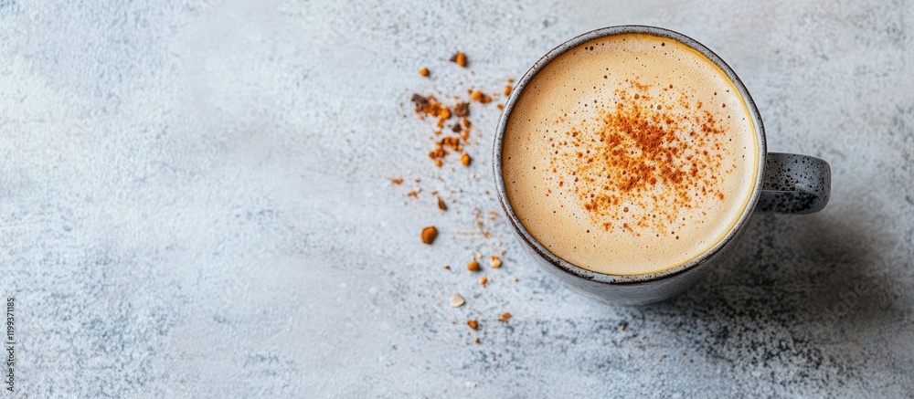 Revitalizing Morning Coffee in Grey Mug with Creamy Texture and Spices on Rustic Background with Scenic View and Empty Space for Text Revitalizing Morning Coffee in Grey Mug with Creamy Texture and Spices on Rustic Background with Scenic View and Empty Space for Text