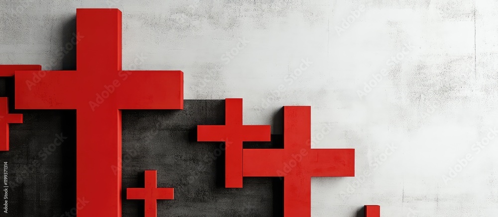 Obraz premium Dynamic campaign poster design with bold red crosses against a textured gray and white background, ample space for customizable text elements.