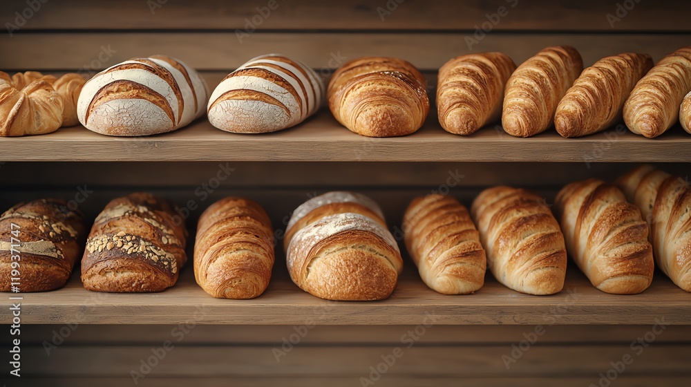 A variety of freshly baked breads arranged neatly on wooden shelves, showcasing different shapes and textures. A variety of freshly baked breads arranged neatly on wooden shelves, showcasing different shapes and textures.