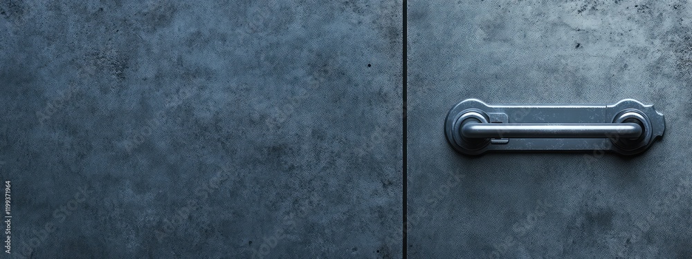 Security door frame with metallic key lock and textured gray background ideal for text placement, close-up shot emphasizing access control features. Security door frame with metallic key lock and textured gray background ideal for text placement, close-up shot emphasizing access control features.