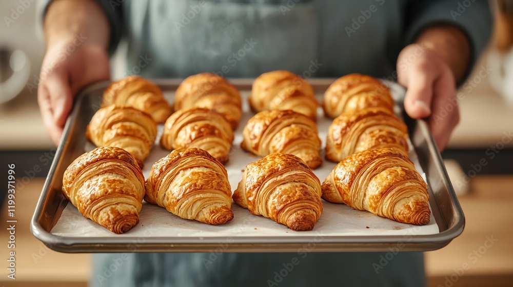 A person holds a tray of freshly baked croissants, showcasing their golden-brown, flaky texture in a cozy kitchen setting. A person holds a tray of freshly baked croissants, showcasing their golden-brown, flaky texture in a cozy kitchen setting.