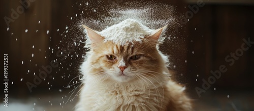 Close-up of fluffy yellow cat with rice flour on head, soft focus background