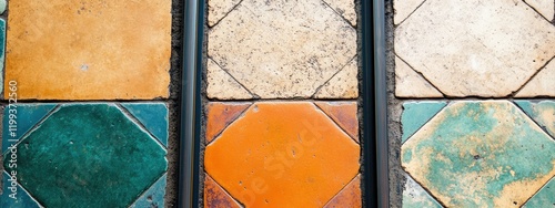 Vintage Dolly Track on Colorful Tiles with Turquoise Green, Rust Orange, and Sandy Tones, Featuring Ample Space for Text Overlay photo