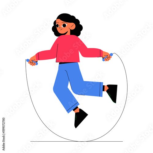 Girl Jumping Rope In Flat Vector Illustration Symbolizing Fitness, Fun, And Active Lifestyle, Isolated On White Background