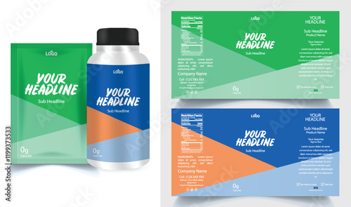Vitamin label sticker design, natural multi food supplement banner packaging, jar label.