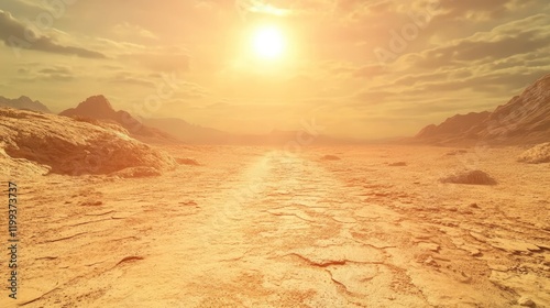 Desert Road Under Bright Sunlight in Post-Apocalyptic Landscape with Empty Space for Text photo