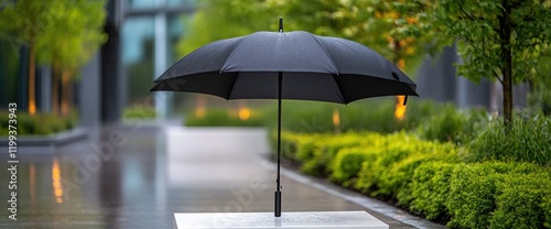 Black Umbrella in a Tranquil Urban Oasis