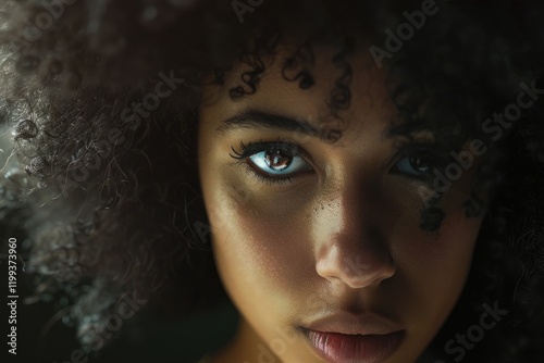 Young woman with dark skin, natural hair texture and striking eyes.