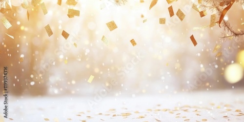Golden Confetti Droplets Against a Soft Focus Background with Shimmering Bokeh and Clear Space for Text or Graphics