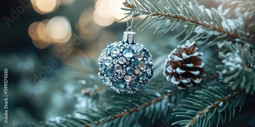 Wallpaper Mural Festive Silver and Green Christmas Ornament Hanging on Evergreen Tree Branch with Pine Cone and Bokeh Background for Copy Space Torontodigital.ca