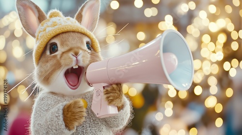 A cute rabbit wearing a knitted yellow hat and sweater, holding a pink megaphone in its paw, sspeaks loudly into a microphone, promotion, sale and discounts, message and important information