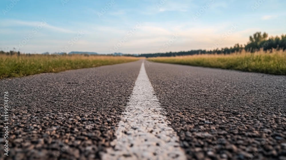 Asphalt path with white line vanishing into horizon under a blue sky. Asphalt path with white line vanishing into horizon under a blue sky.
