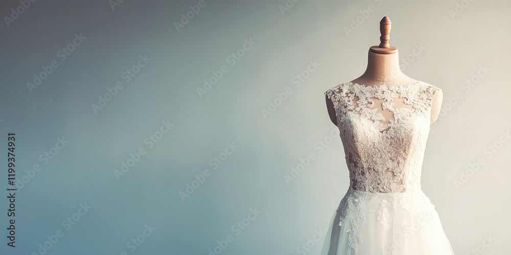 Graceful bridal mannequin adorned with intricate lace dress in softly lit studio workspace featuring serene gradient backdrop and ample empty copy space. Graceful bridal mannequin adorned with intricate lace dress in softly lit studio workspace featuring serene gradient backdrop and ample empty copy space.